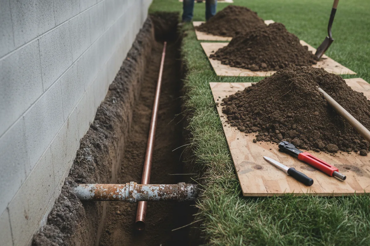 Excavated water line trench during Water Softener Installation in Haughton